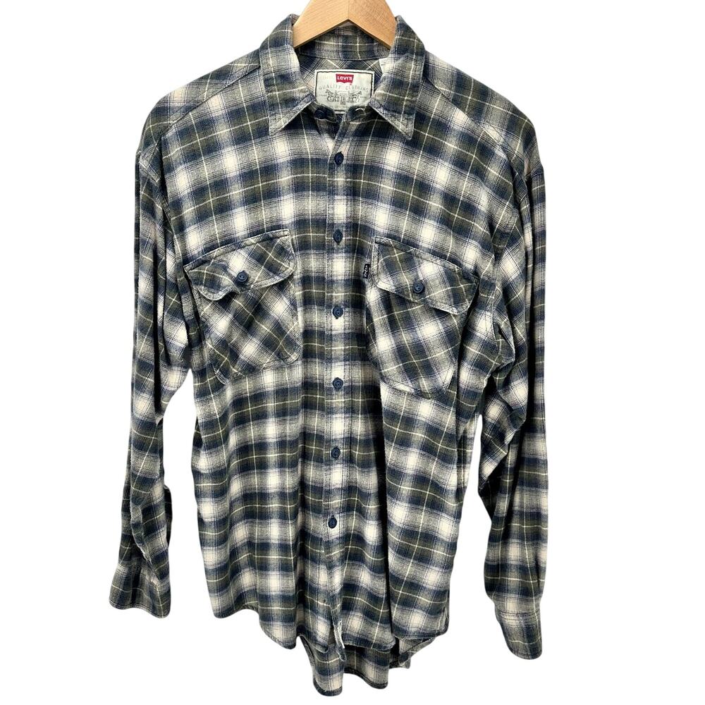 Levi's‎ Flannel Shirt Mens Medium Button Up Long Sleeve Green Plaid Vintage